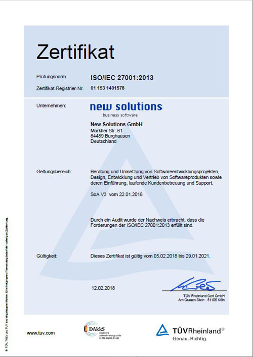 Zertifizierung der New Solutions GmbH nach der  ISO/IEC-Norm 27001